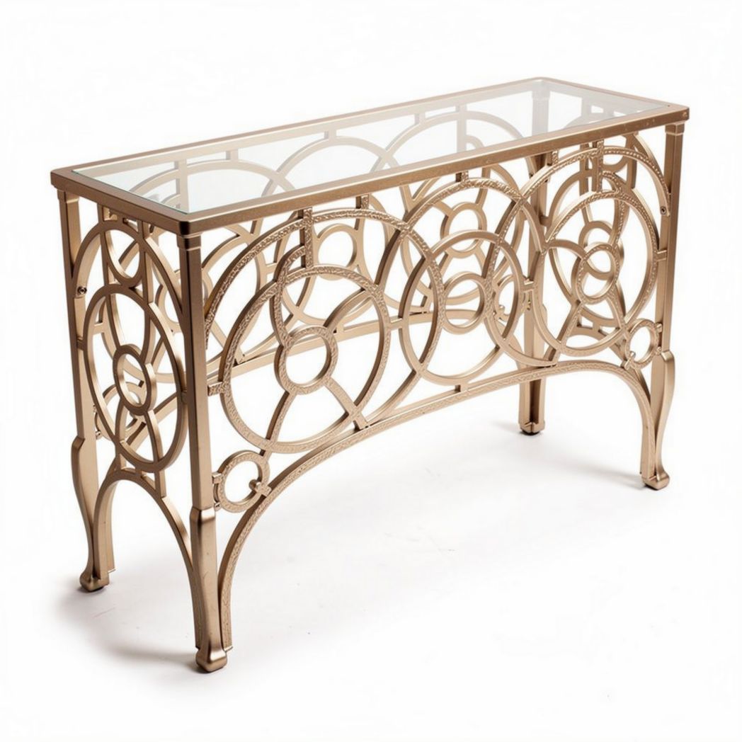 mesa de console em metal dourado com tampo de vidro 120 x 40 x 75cm
