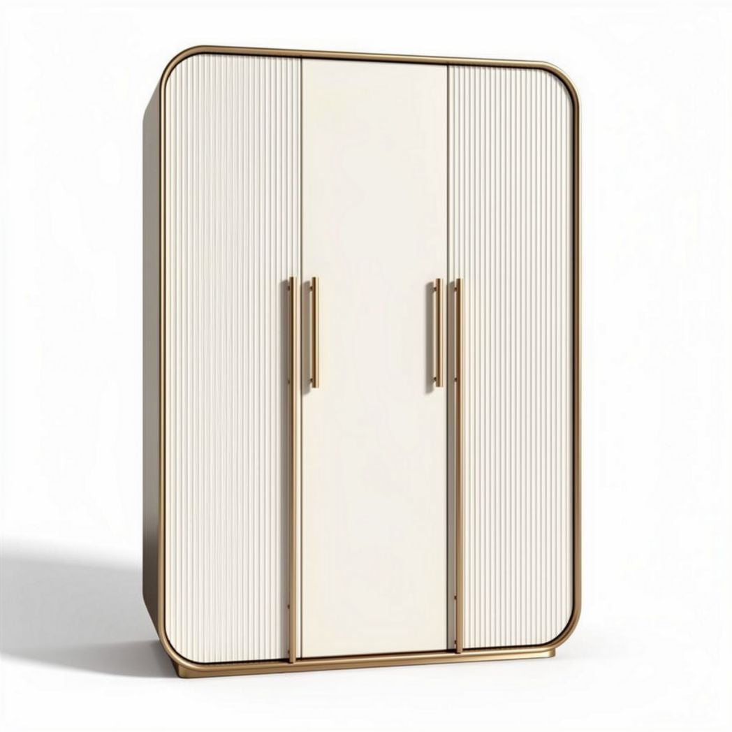 Armário de três portas em MDF com acabamento branco e detalhes em dourado 150 x 80 x 200cm