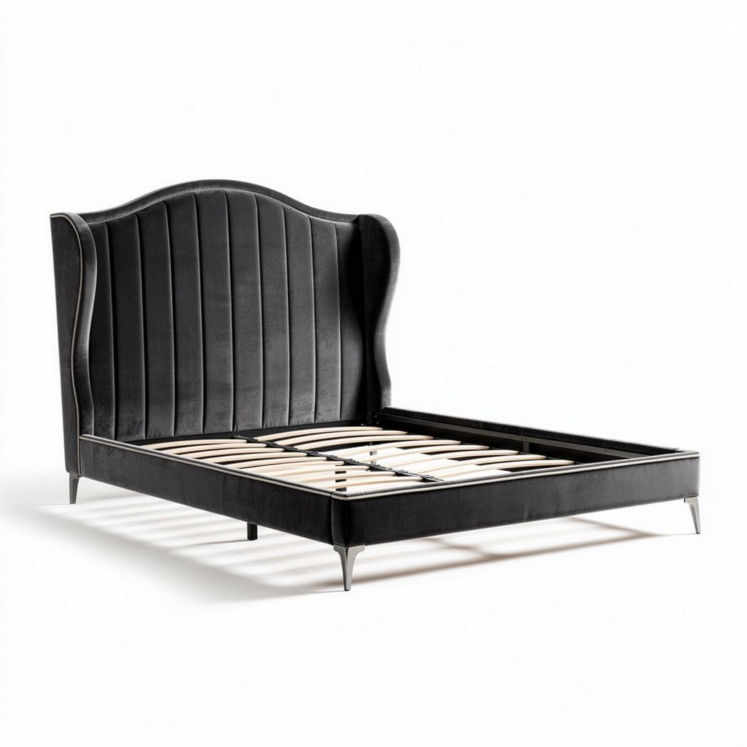 Cama estofada em veludo preto 200 x 160 x 120cm com estrutura de madeira