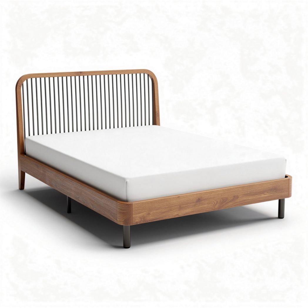 Cama de madeira com cabeceira ranhurada e colchão 200 x 160 x 30cm