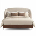Cama de casal estofada com cabeceira em tecido beige e estrado de madeira 200 x 160 x 100cm