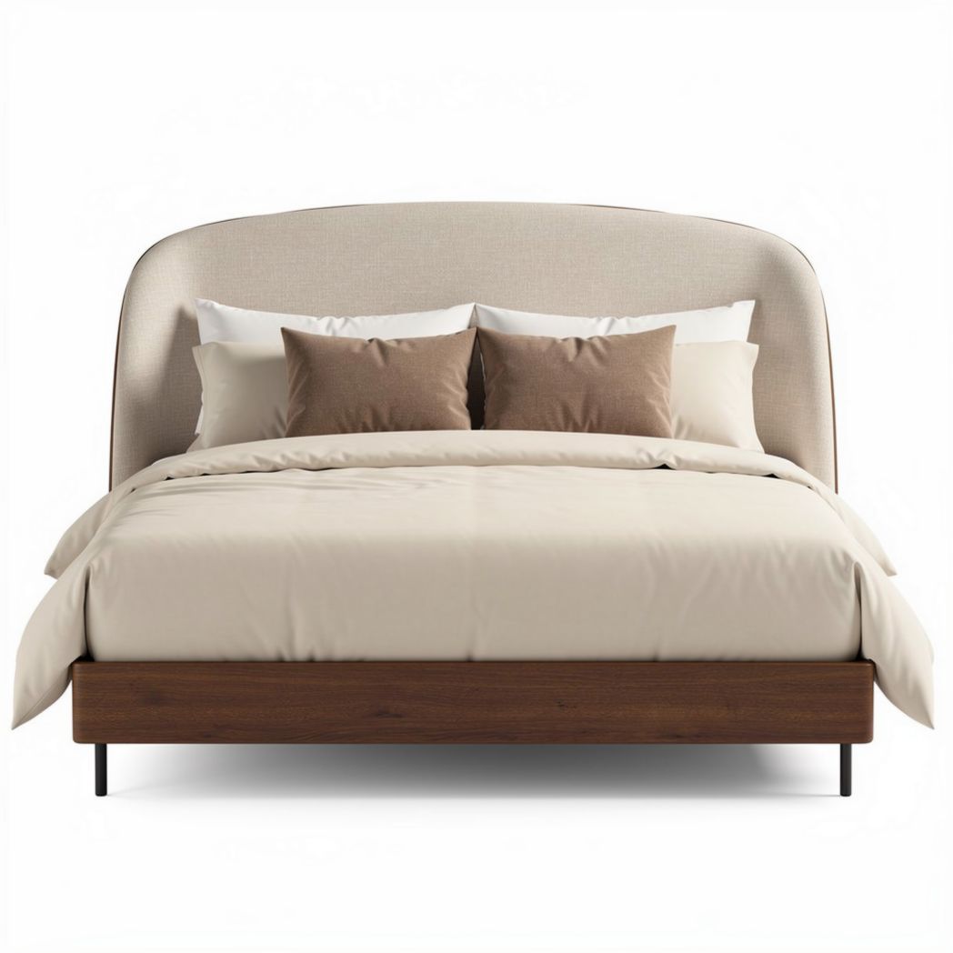 Cama de casal estofada com cabeceira em tecido beige e estrado de madeira 200 x 160 x 100cm