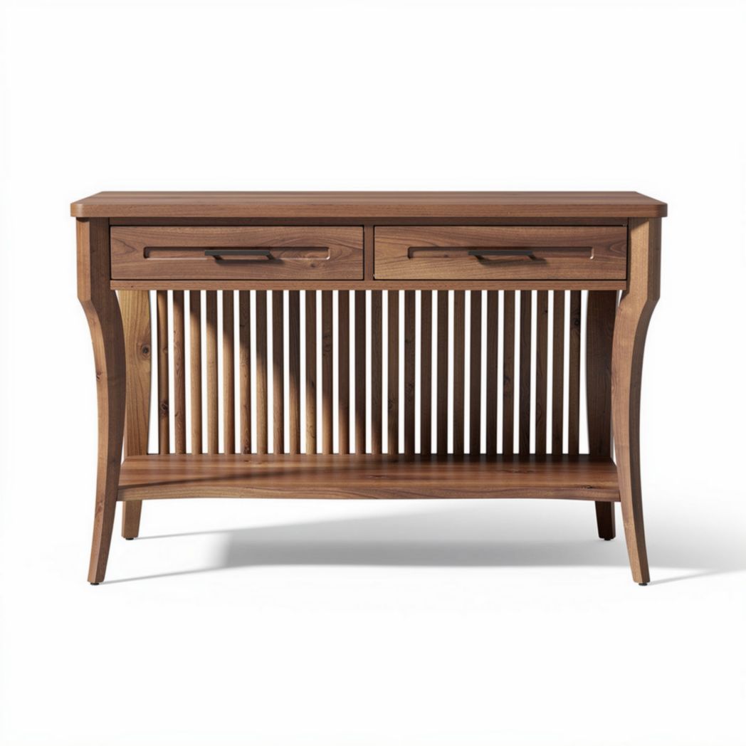 Mesa de console em madeira escura com prateleira e gavetas 100 x 40 x 75cm