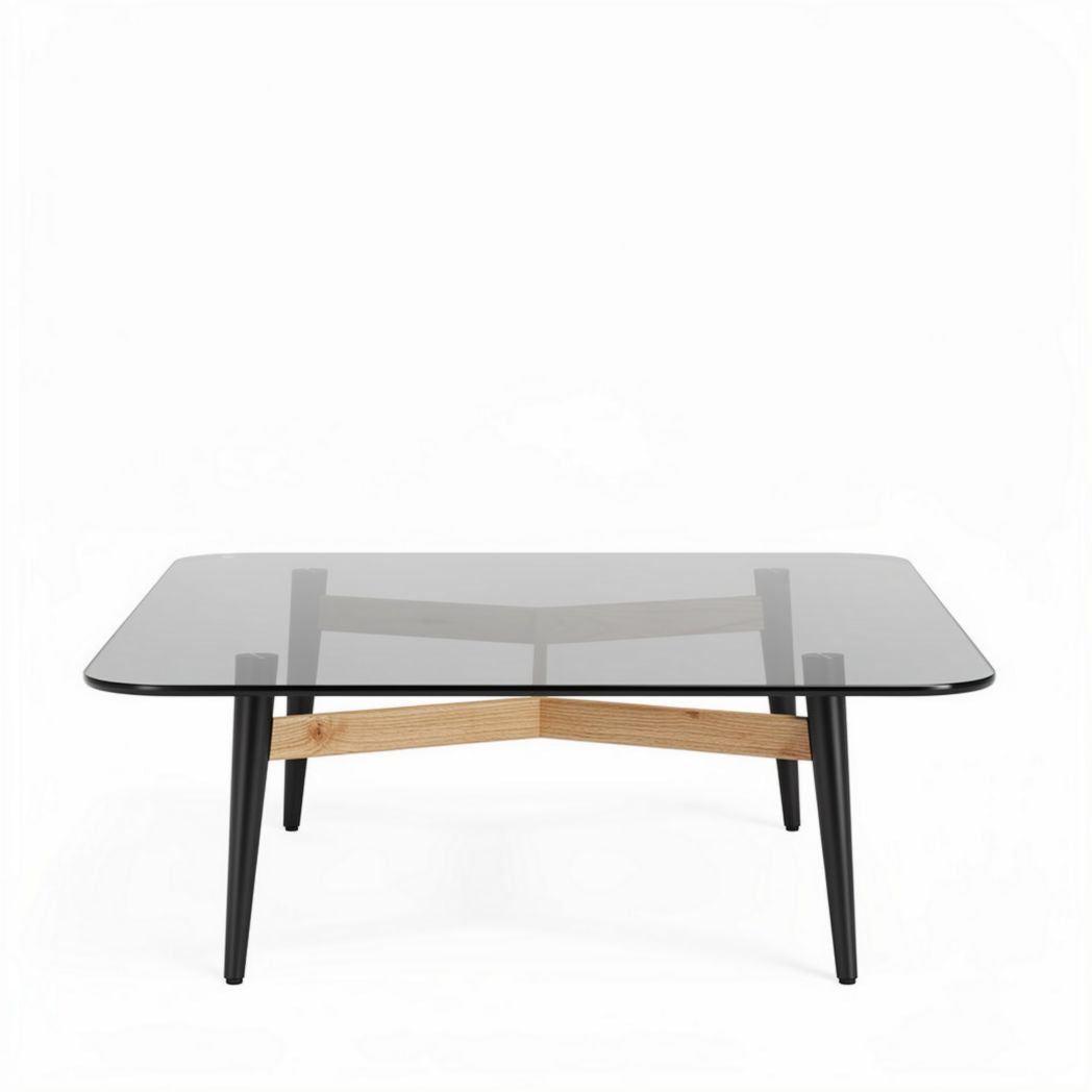 Mesa de café em vidro fumê e base de madeira 120 x 80 x 40cm